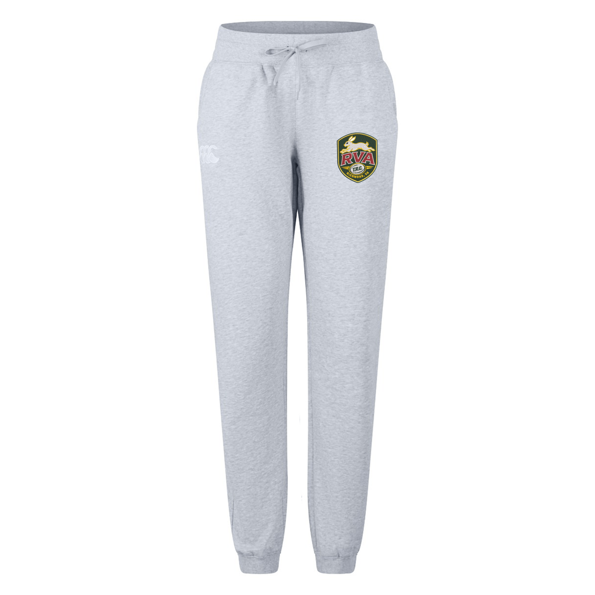 The RVA T.R.C. Women’s Leisure Sweatpant by EMB Canterbury features a light gray design with a comfortable drawstring waist, side pockets, and an RVA badge logo on the left thigh. Made from soft organic cotton sweatpants material, it offers all-day comfort.