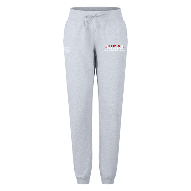 The EMB Canterbury USA Para Powerlifting Women's Leisure Sweatpant features a light gray color, drawstring waist, cuffed ankles, and "USA" text with logo on the left thigh—ideal for comfortable everyday style.