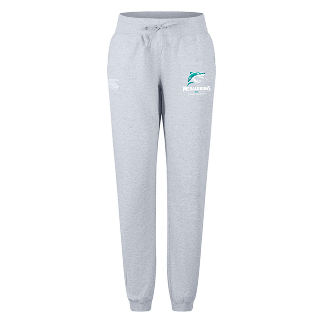 The EMB Canterbury NC Rugby Academy - Megalodons Women's Leisure Sweatpant features light gray organic cotton, a drawstring waist, and a teal and white "Megalodons" logo on the upper left thigh.