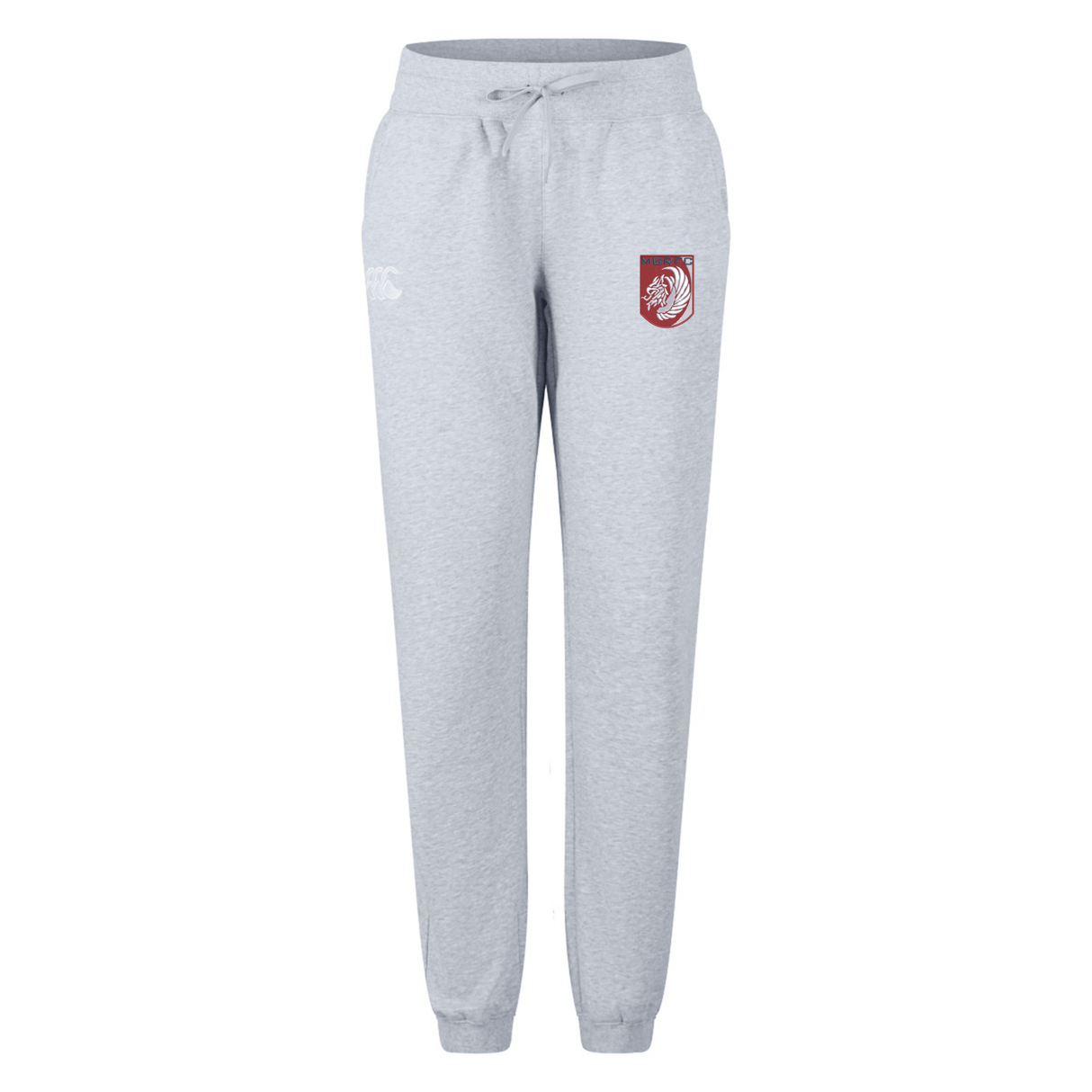The Montgomery Bucks Griffins Women's Leisure Sweatpant by EMB Canterbury features a light gray design with a drawstring waist, elastic cuffs, and a small maroon graphic for comfortable, stylish everyday wear.