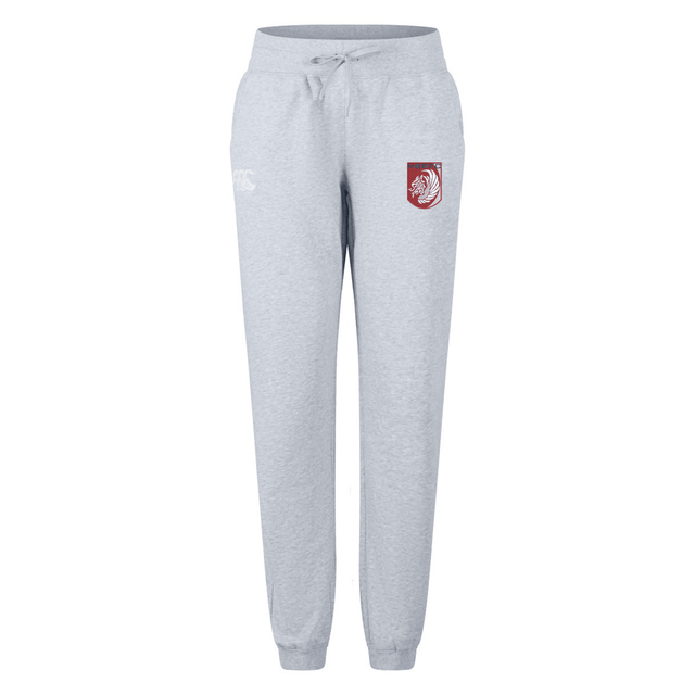 The Montgomery Bucks Griffins Women's Leisure Sweatpant by EMB Canterbury features a light gray design with a drawstring waist, elastic cuffs, and a small maroon graphic for comfortable, stylish everyday wear.