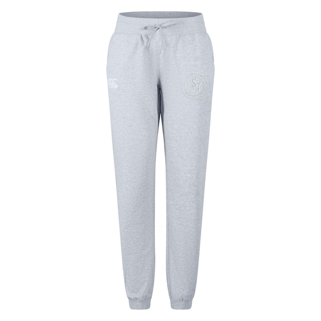 Light gray Saint Anselm College Club Rugby Women’s Leisure Sweatpant by EMB Canterbury features a drawstring waist, side pockets, and subtle embroidered logos on the left thigh and right hip, shown against a white background.