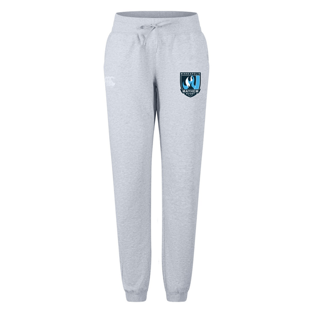Introducing the Minneapolis Mayhem Rugby Women’s Leisure Sweatpant by Canterbury from EMB Canterbury: these light gray organic cotton sweatpants feature a comfortable drawstring waist, a striking blue and black “Mavericks” logo on the left thigh, and a subtle white Canterbury logo on the right side. Designed specifically for women, these leisure sweatpants offer both comfort and style for everyday wear.