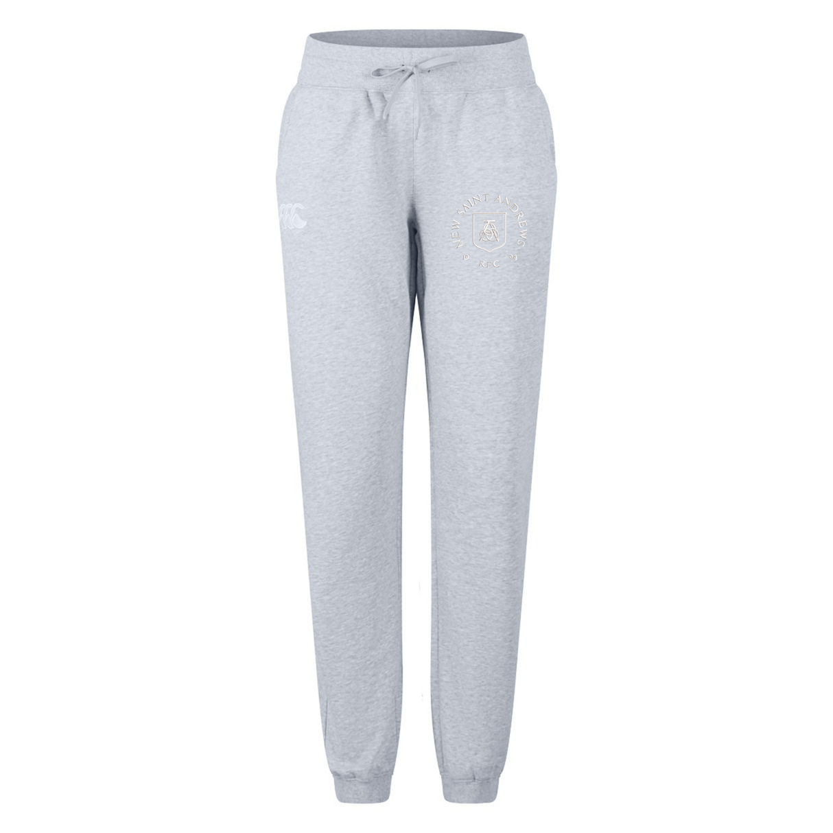 Introducing the New Saint Andrews College Women’s Leisure Sweatpant by EMB Canterbury: light grey jogger pants made from premium organic cotton for ultimate comfort. These sweatpants feature a drawstring waist, elastic cuffs, and two printed logos on the upper front of each leg. Perfect for women’s leisurewear, they are photographed against a white background.