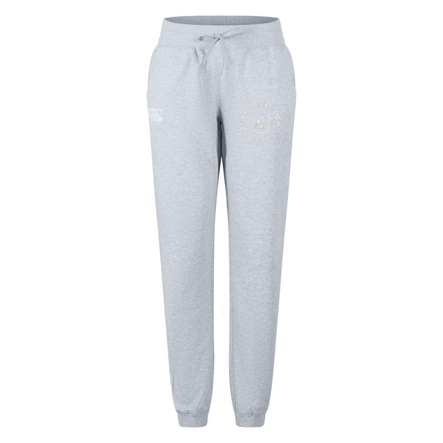 Introducing the New Saint Andrews College Women’s Leisure Sweatpant by EMB Canterbury: light grey jogger pants made from premium organic cotton for ultimate comfort. These sweatpants feature a drawstring waist, elastic cuffs, and two printed logos on the upper front of each leg. Perfect for women’s leisurewear, they are photographed against a white background.