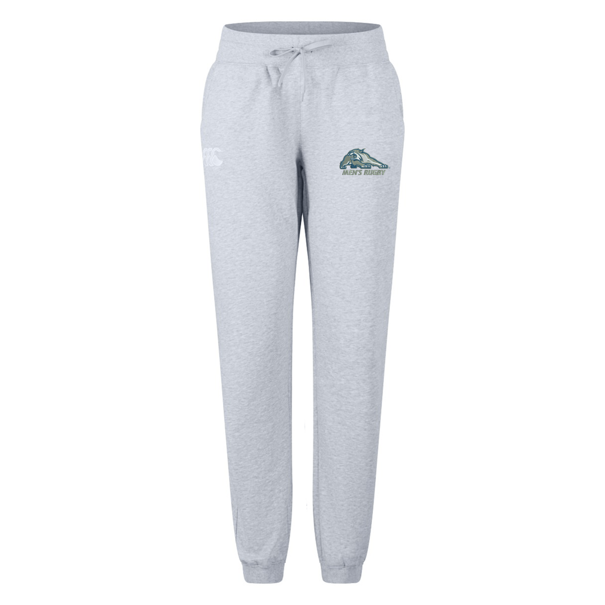 Light gray University of New Hampshire Women’s Leisure Sweatpant by Canterbury featuring a drawstring waist, ribbed cuffs, and a rugby logo on the left hip.