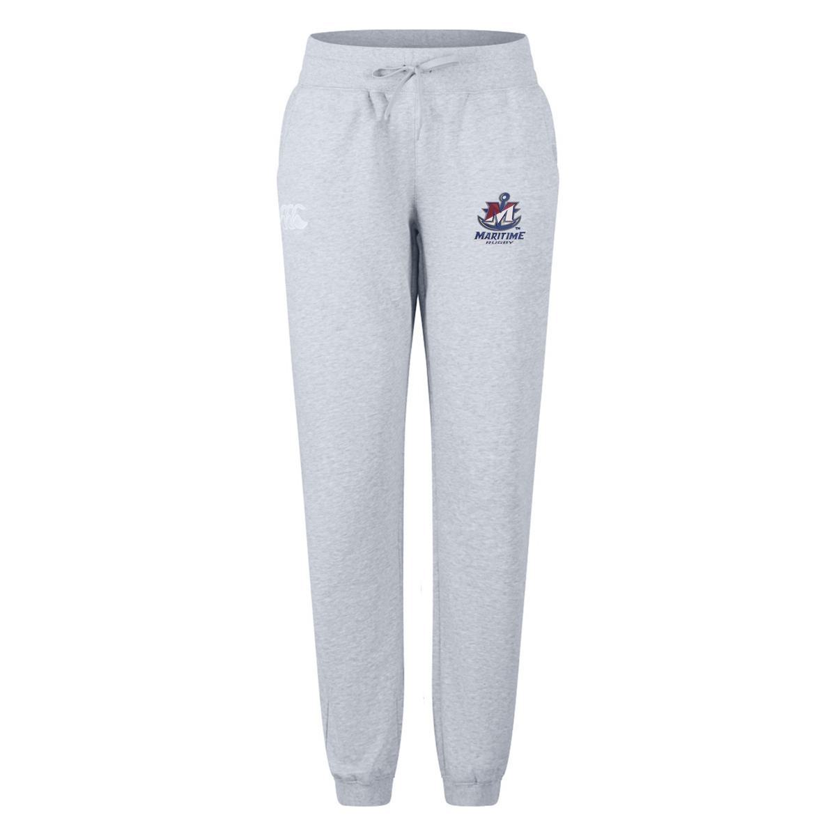 Light gray SUNY Maritime Men’s Rugby Women’s Leisure Sweatpant by Canterbury featuring a drawstring waist, ribbed cuffs, and a Maritime Rugby logo on the hip.