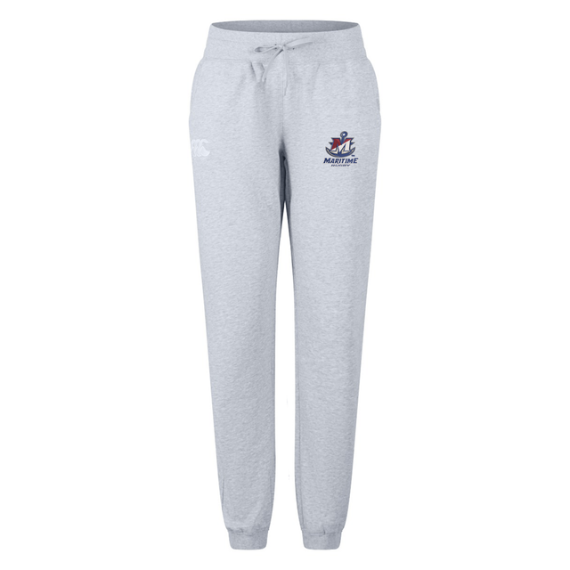Light gray SUNY Maritime Men’s Rugby Women’s Leisure Sweatpant by Canterbury featuring a drawstring waist, ribbed cuffs, and a Maritime Rugby logo on the hip.