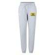Light gray Berkeley RFC Women’s Leisure Sweatpant by Canterbury jogger-style sweatpants with a drawstring waist and a rectangular patch featuring a yellow bear logo on the left hip.