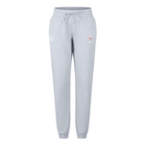 The Superior Rugby Club Women's Leisure Sweatpant by EMB Canterbury features light gray organic cotton, an elastic waistband with drawstring, and small embroidered logos on the upper thighs, shown against a white background.