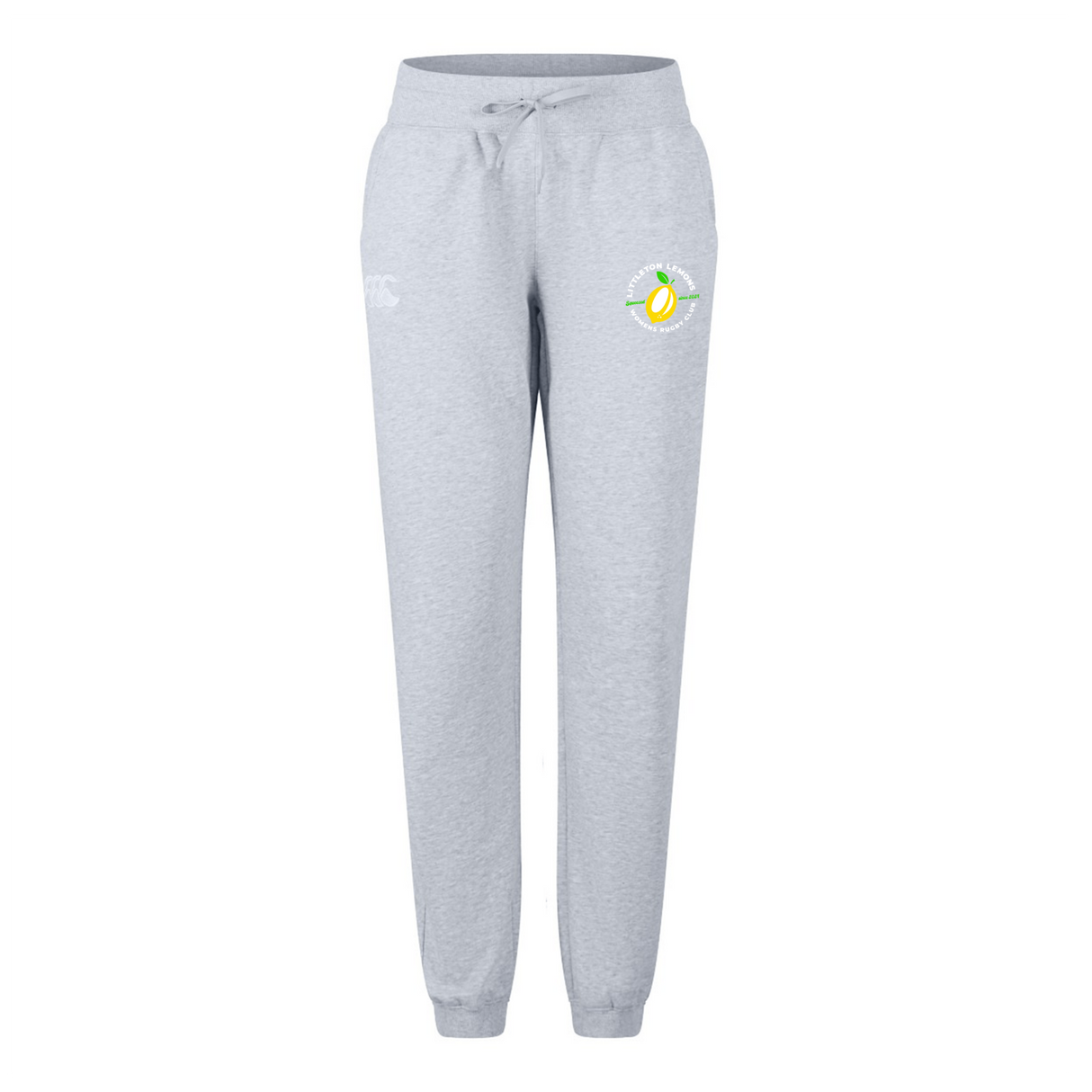 The Littleton Women Rugby Club Women's Leisure Sweatpant by EMB Canterbury features a light gray color, organic cotton, a drawstring waist, side pockets, and a small colorful avocado graphic on the left thigh.