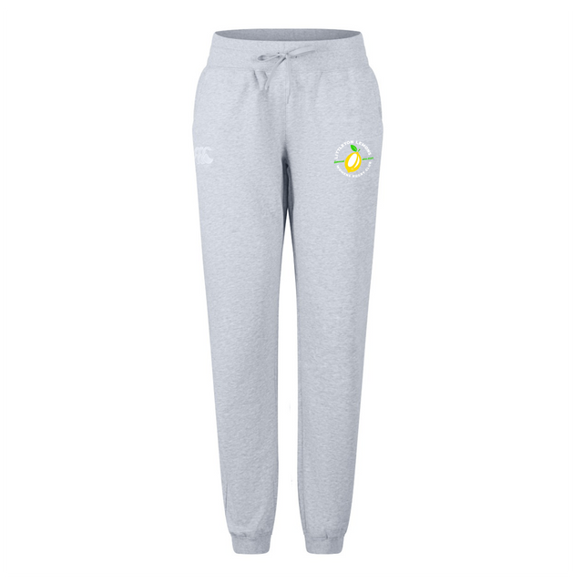 The Littleton Women Rugby Club Women's Leisure Sweatpant by EMB Canterbury features a light gray color, organic cotton, a drawstring waist, side pockets, and a small colorful avocado graphic on the left thigh.