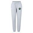 The Kingwood Rugby Women's Leisure Sweatpant by EMB Canterbury features a light grey color, drawstring waist, side pockets, and a colorful embroidered crest—ideal for casual comfort.
