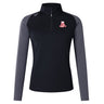 The Alabama Rugby Alliance Women's Elite First Layer by EMB Canterbury is a black and gray long-sleeve zip-up athletic top that features moisture-wicking VapoDri technology, with a logo on the chest and a small emblem on the right shoulder.