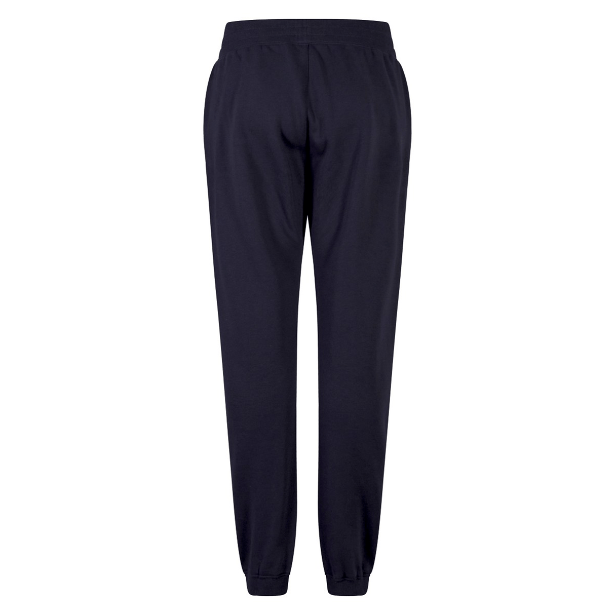 Back view of the Women's Leisure Sweatpant by Canterbury in plain navy blue, featuring an elastic waist and cuffs. Made from a comfortable cotton blend fleece, this stylish piece proudly displays the iconic Canterbury logo.