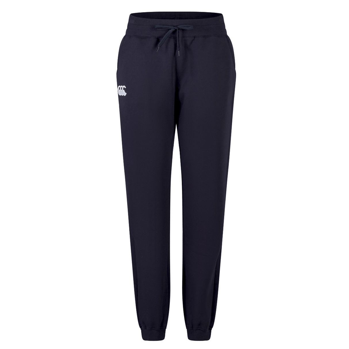 The Women's Leisure Sweatpant by Canterbury, featuring a navy blue color and made from a cotton blend fleece material, includes a drawstring waistband and the embroidered Canterbury logo on the left thigh. Elasticized cuffs at the ankles ensure a snug fit.