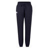 The Women's Leisure Sweatpant by Canterbury, featuring a navy blue color and made from a cotton blend fleece material, includes a drawstring waistband and the embroidered Canterbury logo on the left thigh. Elasticized cuffs at the ankles ensure a snug fit.