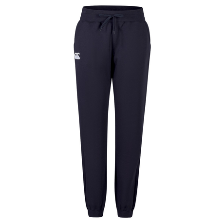 The Superior Rugby Women's Leisure Sweatpant by EMB Canterbury is crafted from organic cotton, with an elastic waistband, drawstring, cuffed ankles, and a small white logo on the left thigh, shown on a white background.