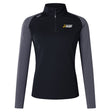 The Faribault Boksprings Women's Elite First Layer by EMB Canterbury is a black and gray long-sleeve rugby shirt made from recycled polyester, featuring a half-zip and "RUGBY" logo on the chest.