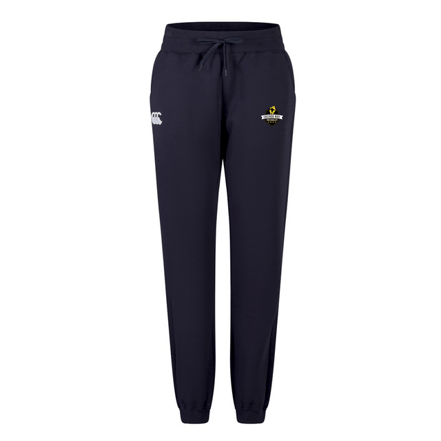 Chicago Riot Women's Leisure Sweatpant by EMB Canterbury in navy blue, featuring an elastic waistband, drawstring, and two embroidered front thigh logos; displayed against a white background.