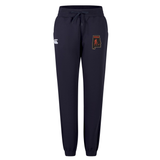 Navy blue EMB Canterbury Aging Alabama Rugby Players Women’s Leisure Sweatpant featuring a logo of an Alabama outline and a figure playing lacrosse on the left thigh.