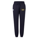 Black Mother Lode Women’s Leisure Sweatpant by Canterbury featuring a drawstring waist, cuffed ankles, a logo on the hip, and a rugby emblem on the thigh.
