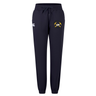 Black Mother Lode Women’s Leisure Sweatpant by Canterbury featuring a drawstring waist, cuffed ankles, a logo on the hip, and a rugby emblem on the thigh.