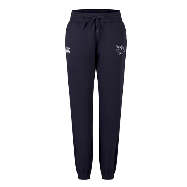 The Cypress Warriors Women's Leisure Sweatpant by EMB Canterbury features an adjustable drawstring waistband, white left-thigh logo, and embroidered right-thigh crest—stylish and comfortable for any occasion.