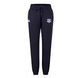 The SWFL Lady Hammerheads Women's Leisure Sweatpant by Canterbury from WRS Canterbury features navy blue fabric, an elastic waistband with drawstring, cuffed ankles, and dual thigh logos—ideal for casual comfort.