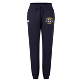 The Winchester Cannons Women's Leisure Sweatpant by EMB Canterbury features navy blue jogger styling in soft organic cotton, with an elastic waistband, drawstring, white logo left, and embroidered crest right—ideal for relaxed wear.
