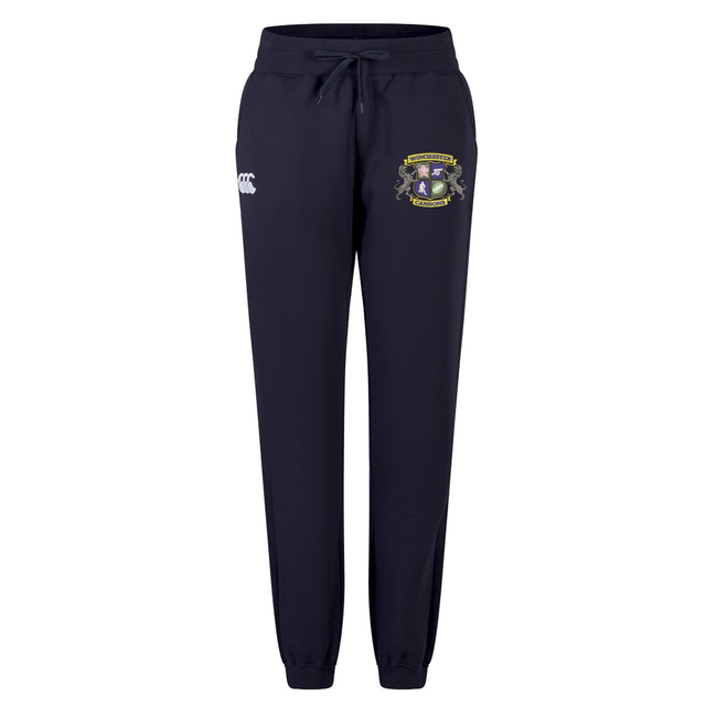 The Winchester Cannons Women's Leisure Sweatpant by EMB Canterbury features navy blue jogger styling in soft organic cotton, with an elastic waistband, drawstring, white logo left, and embroidered crest right—ideal for relaxed wear.