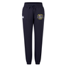The Winchester Cannons Women's Leisure Sweatpant by EMB Canterbury features navy blue jogger styling in soft organic cotton, with an elastic waistband, drawstring, white logo left, and embroidered crest right—ideal for relaxed wear.