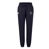 Birmingham Iron Women's Football Leisure Sweatpant by EMB Canterbury in navy blue, featuring a drawstring waist, dual thigh logos, and cuffed ankles, shown on a plain white background.