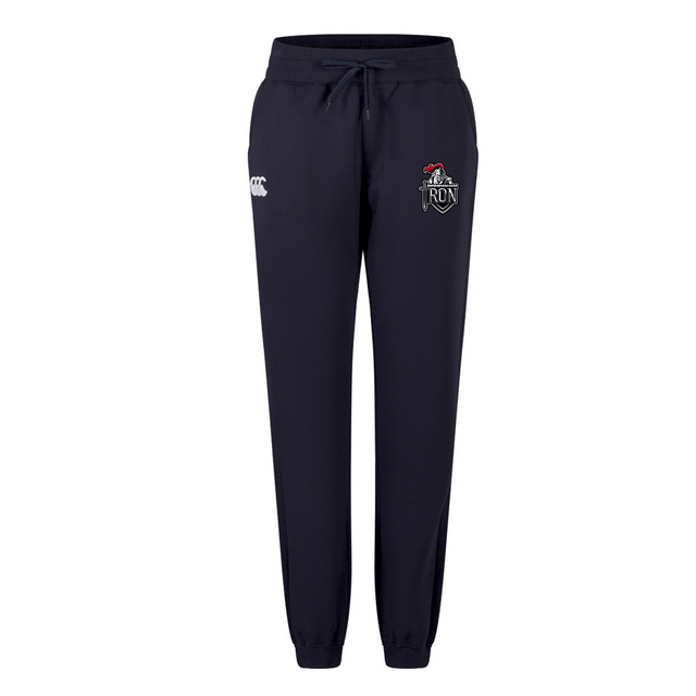 Birmingham Iron Women's Football Leisure Sweatpant by EMB Canterbury in navy blue, featuring a drawstring waist, dual thigh logos, and cuffed ankles, shown on a plain white background.