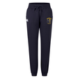 The Spartan Youth Rugby Women's Leisure Sweatpant by EMB Canterbury features navy blue fabric, an elastic waistband with drawstring, a white Canterbury logo on the right thigh, and a yellow and blue emblem on the left thigh—ideal for leisure.