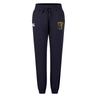 The Spartan Youth Rugby Women's Leisure Sweatpant by EMB Canterbury features navy blue fabric, an elastic waistband with drawstring, a white Canterbury logo on the right thigh, and a yellow and blue emblem on the left thigh—ideal for leisure.