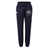 Society of Iowa Rugby Referees Women’s Leisure Sweatpant by EMB Canterbury in navy blue, featuring a drawstring waist, a white rugby referee logo on the right thigh, and a circular emblem with pink flowers on the left thigh.