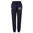 Society of Iowa Rugby Referees Women’s Leisure Sweatpant by EMB Canterbury in navy blue, featuring a drawstring waist, a white rugby referee logo on the right thigh, and a circular emblem with pink flowers on the left thigh.