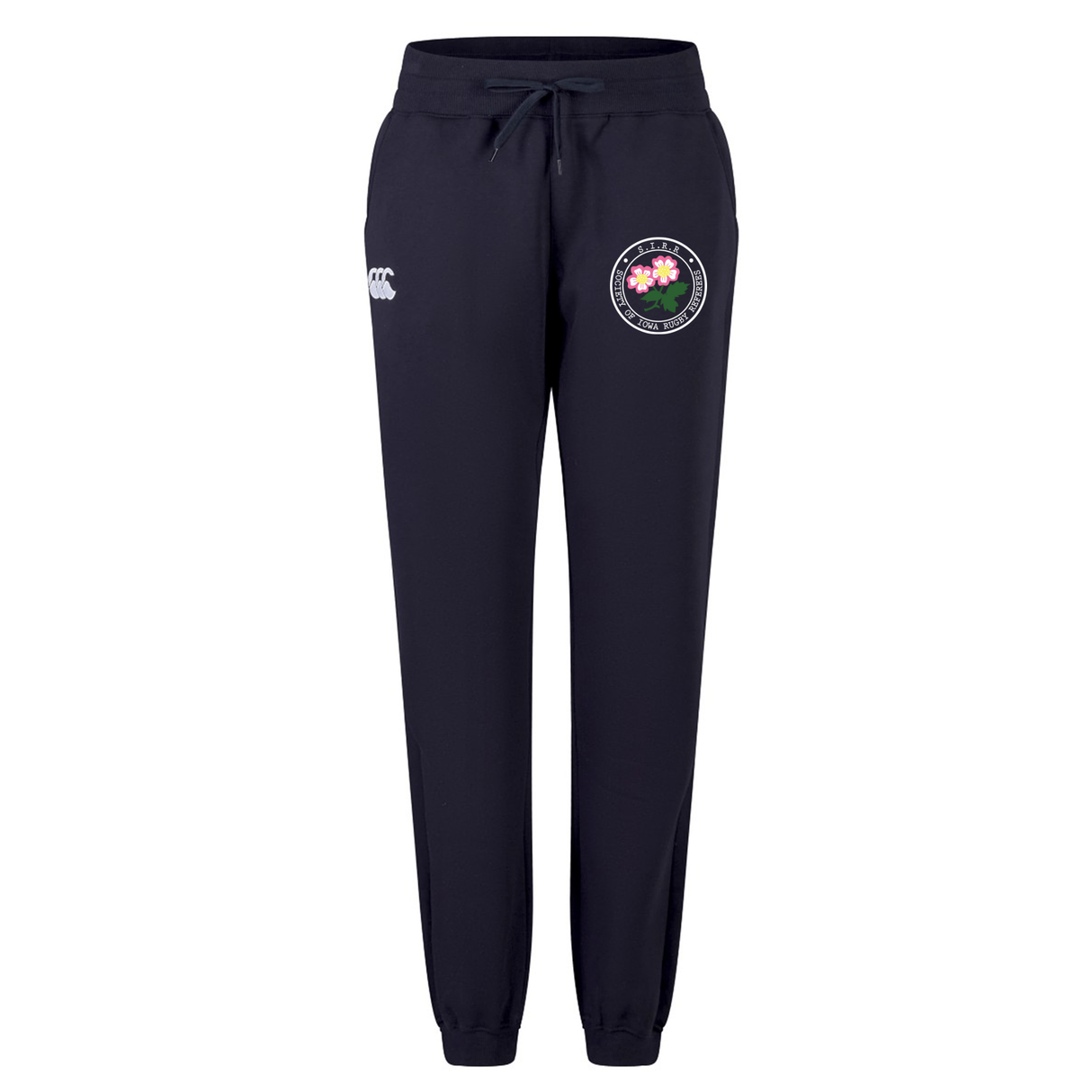 Society of Iowa Rugby Referees Women’s Leisure Sweatpant by EMB Canterbury in navy blue, featuring a drawstring waist, a white rugby referee logo on the right thigh, and a circular emblem with pink flowers on the left thigh.