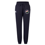Society of Iowa Rugby Referees Women’s Leisure Sweatpant by EMB Canterbury in navy blue, featuring a drawstring waist, a white rugby referee logo on the right thigh, and a circular emblem with pink flowers on the left thigh.