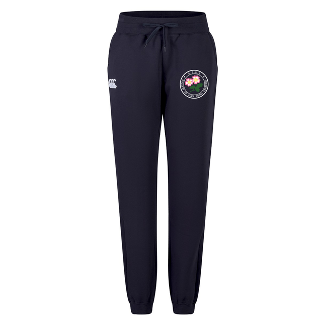 Society of Iowa Rugby Referees Women’s Leisure Sweatpant by EMB Canterbury in navy blue, featuring a drawstring waist, a white rugby referee logo on the right thigh, and a circular emblem with pink flowers on the left thigh.
