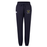 The Hornets Rugby Club 1977 Women's Leisure Sweatpant by EMB Canterbury is crafted from soft organic cotton sweatpants material, featuring a navy blue color with a drawstring waist, elastic cuffs, a white Canterbury logo on the left thigh, and an embroidered crest with a fox and text on the right thigh, displayed on a white background.