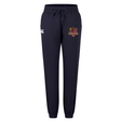 The Godzilla Rugby Football Club Women’s Leisure Sweatpant by Canterbury, from EMB Canterbury, is a navy blue women’s sweatpant crafted from organic cotton fleece. It features an embroidered Godzilla Rugby Football Club logo on the left thigh, a white Canterbury logo on the right, a comfortable drawstring waist, and elastic cuffs.