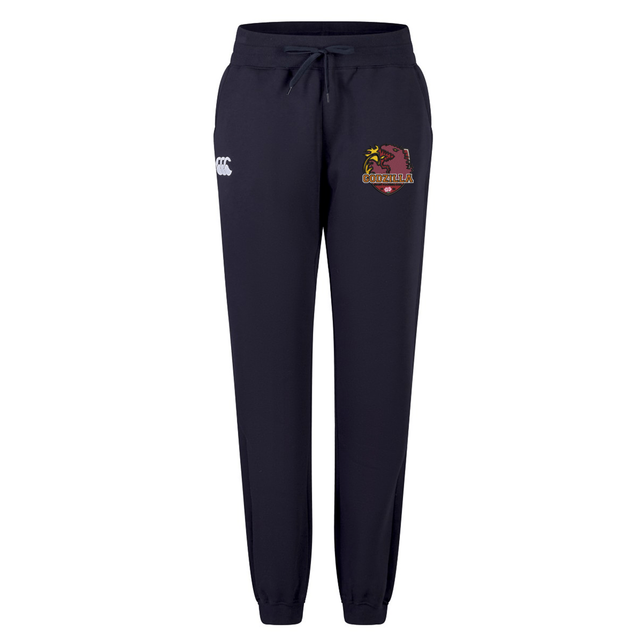 The Godzilla Rugby Football Club Women’s Leisure Sweatpant by Canterbury, from EMB Canterbury, is a navy blue women’s sweatpant crafted from organic cotton fleece. It features an embroidered Godzilla Rugby Football Club logo on the left thigh, a white Canterbury logo on the right, a comfortable drawstring waist, and elastic cuffs.