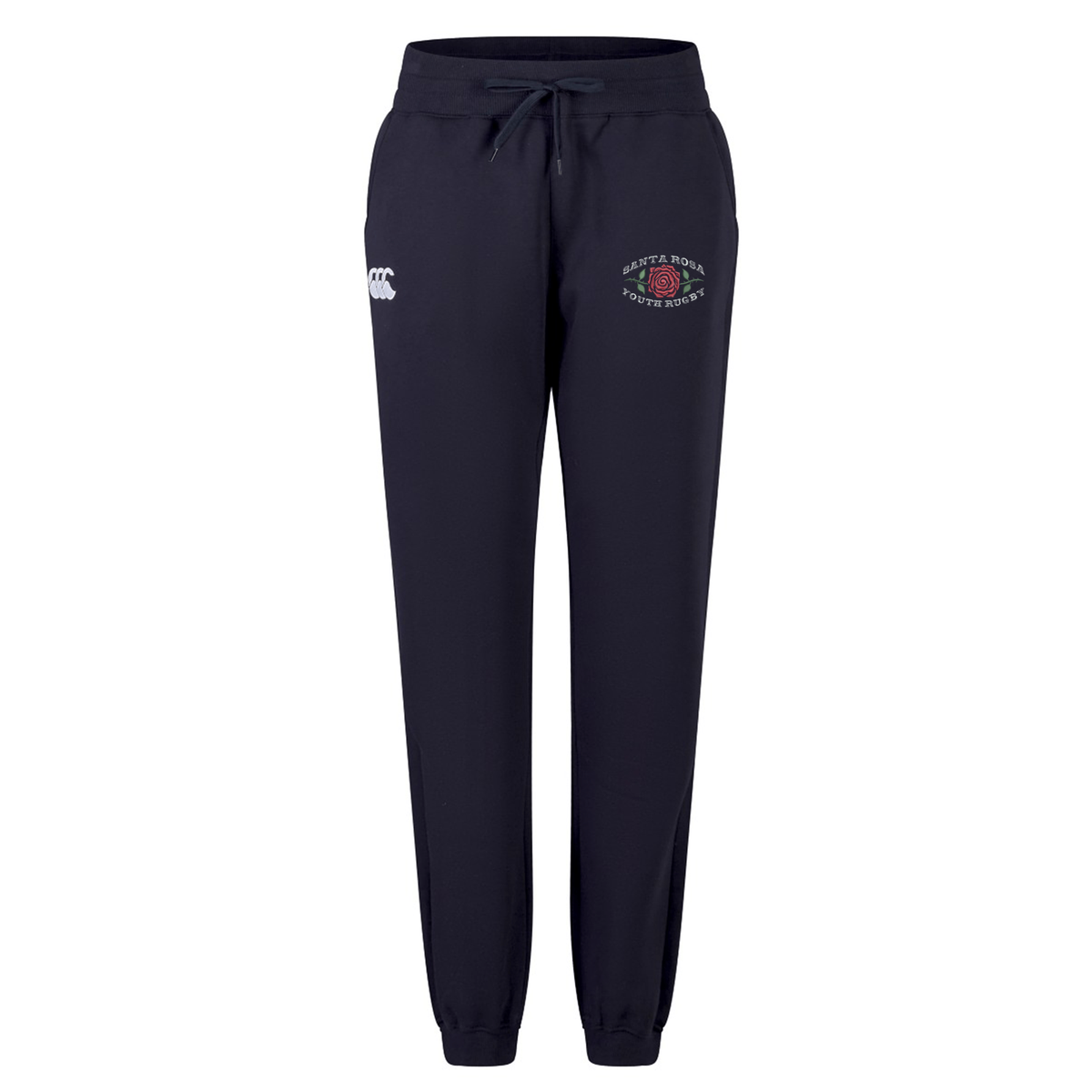 The Santa Rosa Youth Rugby Women’s Leisure Sweatpant by EMB Canterbury features a navy blue design with elastic cuffs, a drawstring waistband, and two embroidered logos on the front upper thighs. Crafted for comfort, these sweatpants are perfect for everyday wear.