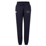 The Santa Rosa Youth Rugby Women’s Leisure Sweatpant by EMB Canterbury features a navy blue design with elastic cuffs, a drawstring waistband, and two embroidered logos on the front upper thighs. Crafted for comfort, these sweatpants are perfect for everyday wear.