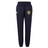 The RVA T.R.C. Women’s Leisure Sweatpant by EMB Canterbury features navy blue organic cotton fabric, an elastic waistband with drawstring, ribbed cuffs, a white Canterbury logo on the left leg, and a colorful badge on the right thigh—making it perfect for women’s leisurewear.