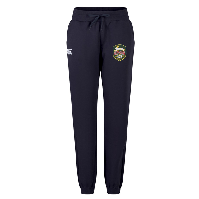 The RVA T.R.C. Women’s Leisure Sweatpant by EMB Canterbury features navy blue organic cotton fabric, an elastic waistband with drawstring, ribbed cuffs, a white Canterbury logo on the left leg, and a colorful badge on the right thigh—making it perfect for women’s leisurewear.