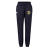 The RVA T.R.C. Women’s Leisure Sweatpant by EMB Canterbury features navy blue organic cotton fabric, an elastic waistband with drawstring, ribbed cuffs, a white Canterbury logo on the left leg, and a colorful badge on the right thigh—making it perfect for women’s leisurewear.