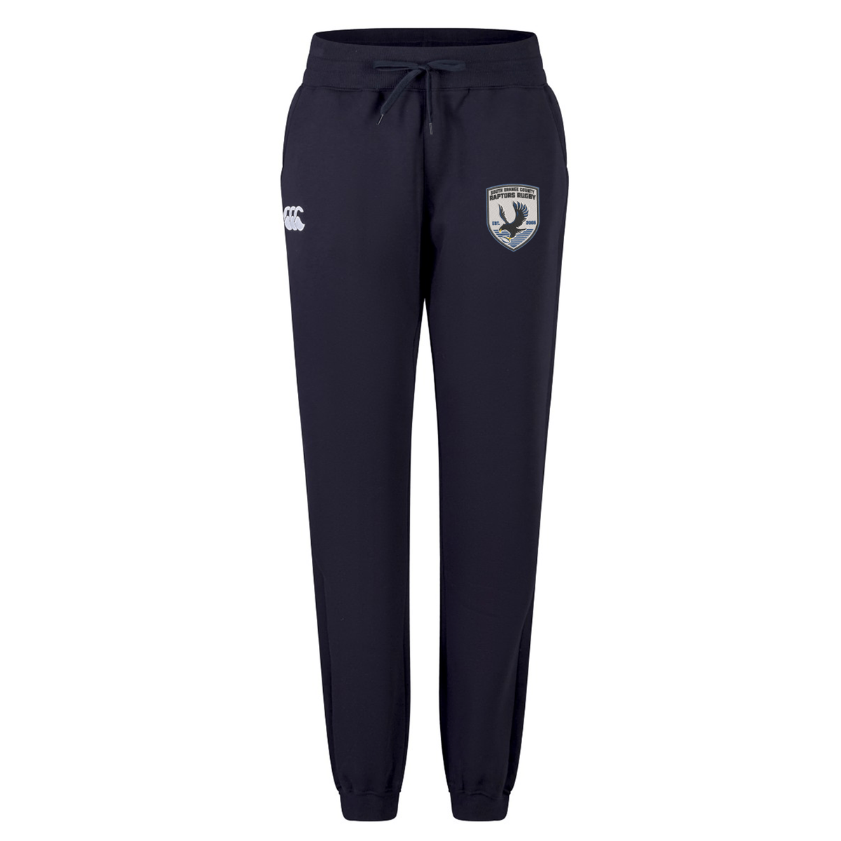 The South Orange County Raptors Women’s Leisure Sweatpant by Canterbury features a navy blue design with an elastic waistband, adjustable drawstring, and two embroidered logos on the front. Crafted by EMB Canterbury from soft organic cotton, these sweatpants offer all-day comfort.